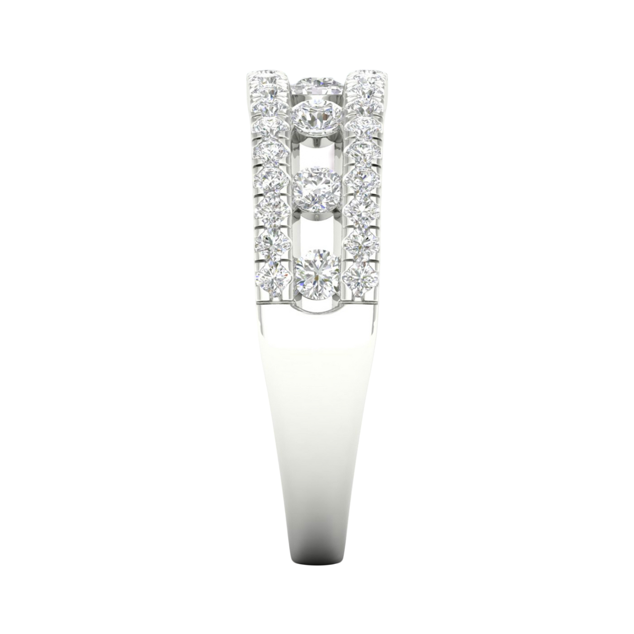 A side-profile view of a 14K white gold wide band ring, showing the three rows of pavé and the height of the band.