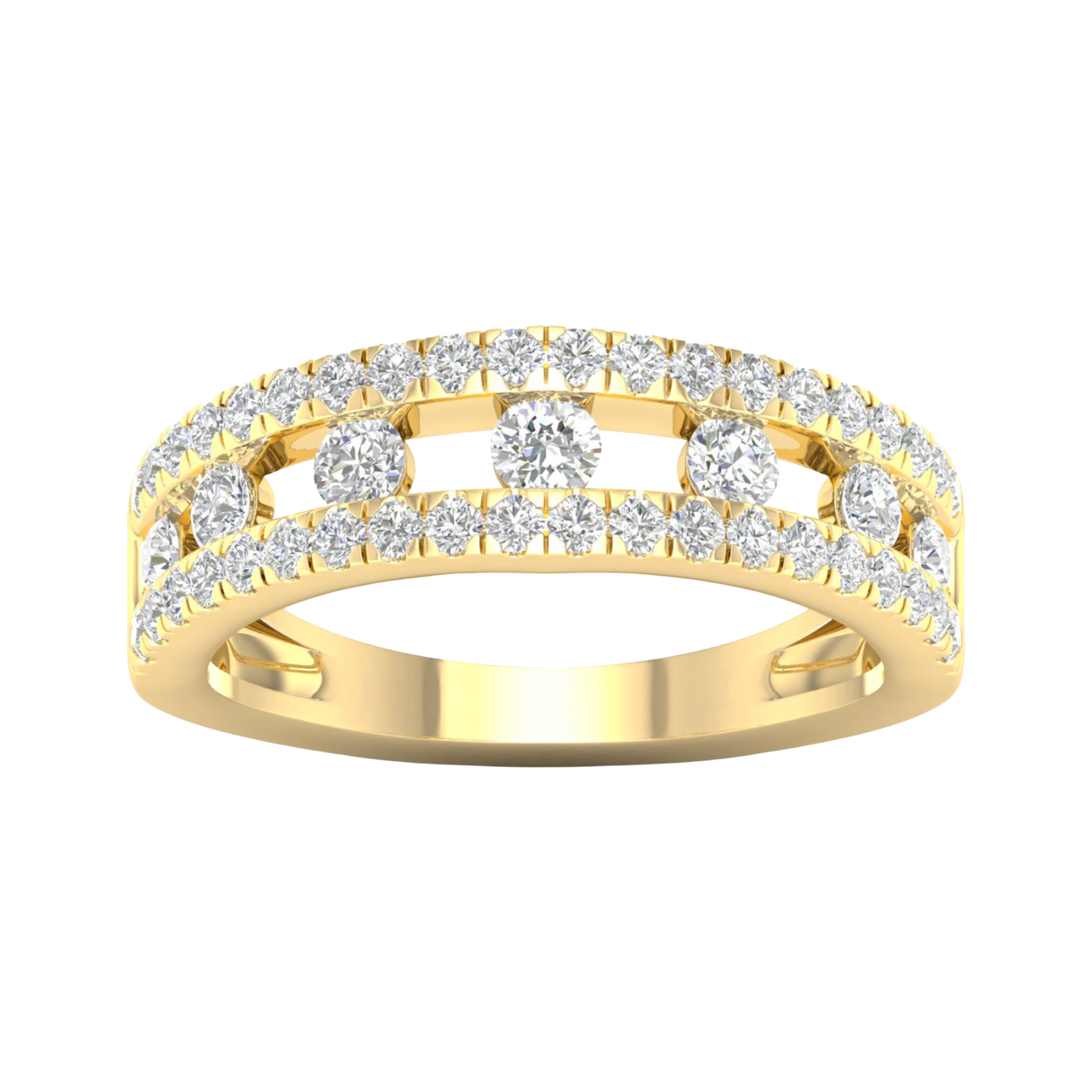 A top-down view of a 14K yellow gold wide band ring with three rows of pavé diamonds.