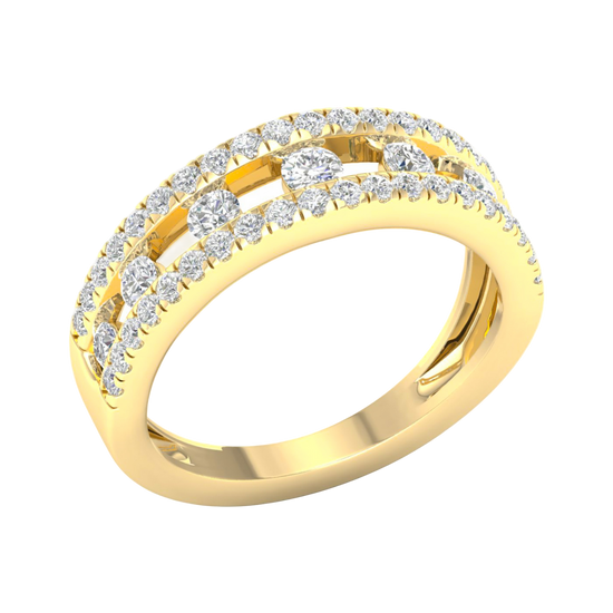 An angled view of a 14K yellow gold wide band ring, showcasing the brilliant pavé diamonds in three parallel rows.