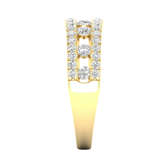 A side-profile view of a 14K yellow gold wide band ring, showing the three rows of pavé and the height of the band.
