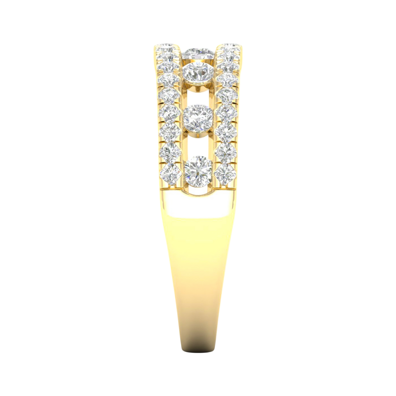 A side-profile view of a 14K yellow gold wide band ring, showing the three rows of pavé and the height of the band.