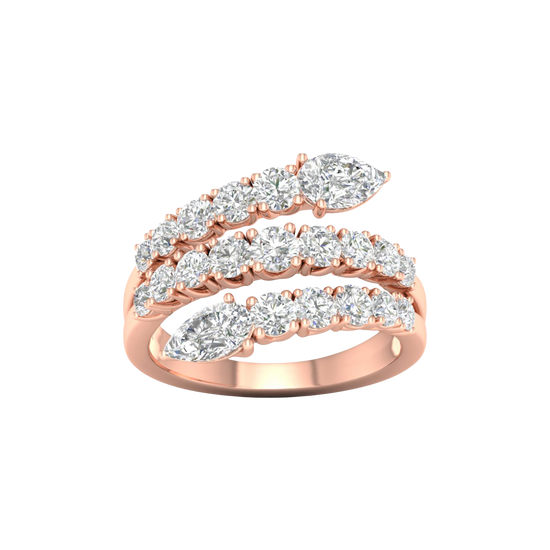 A top-down view of a 14K rose gold open-shank ring with a continuous spiral design and a pavé diamond surface. A side-profile view of a 14K rose gold open-shank ring, showing the fluid spiral and pavé diamonds. An angled view of a 14K rose gold open-shank ring, showcasing the brilliant pavé spiral.