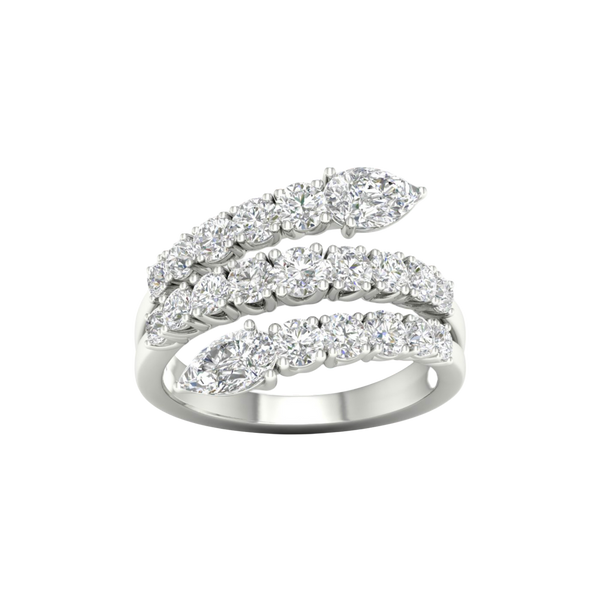 A top-down view of a 14K white gold open-shank ring with a continuous spiral design and a pavé diamond surface.