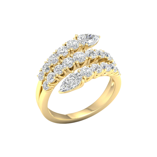 An angled view of a 14K yellow gold open-shank ring, showcasing the brilliant pavé spiral.