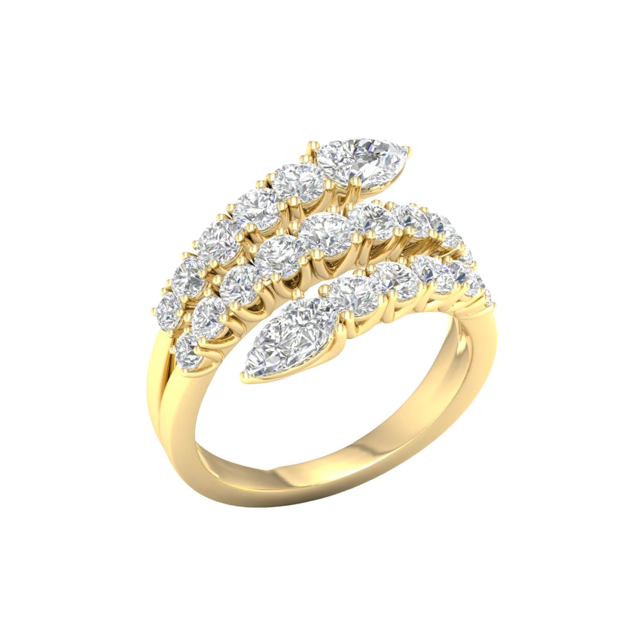 An angled view of a 14K yellow gold open-shank ring, showcasing the brilliant pavé spiral.