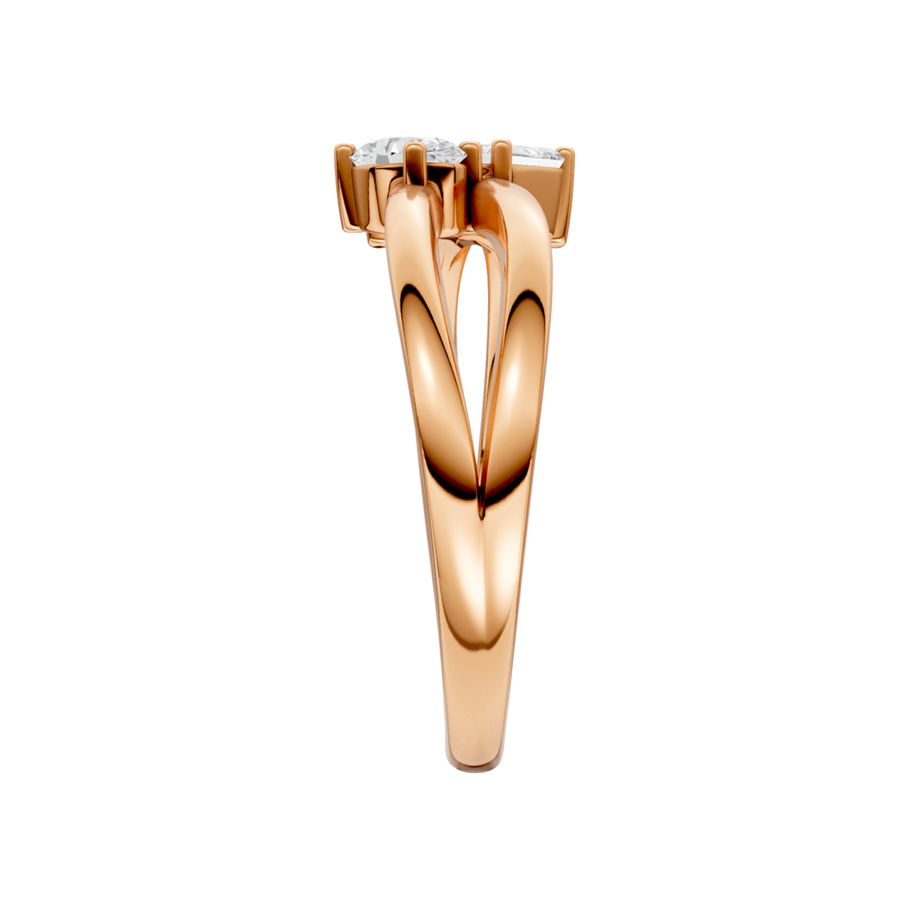 A side-profile view of a 14K rose gold bypass ring, showing the fluid band and the three baguette diamonds.