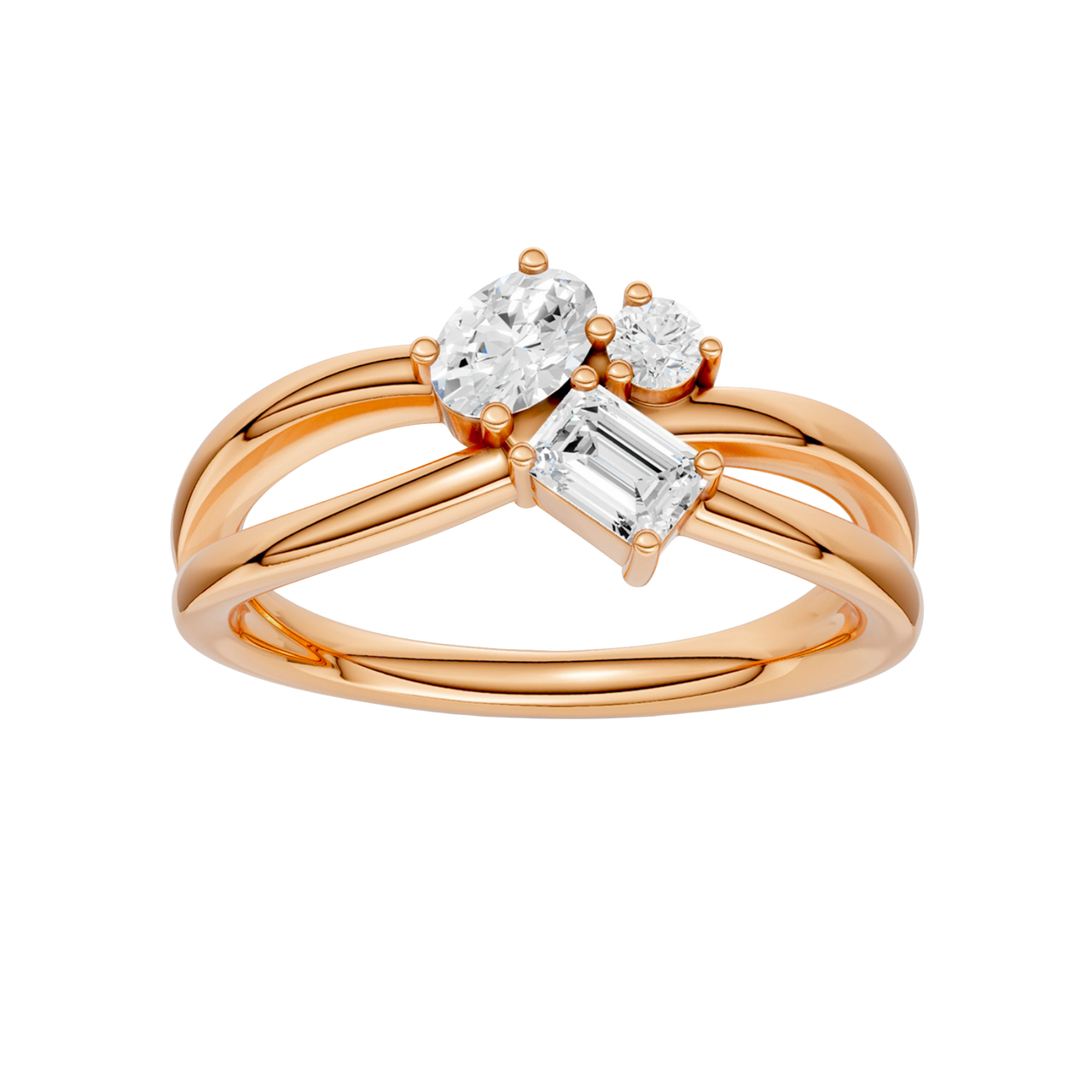 A top-down view of a 14K rose gold bypass ring with a central cluster of three horizontal baguette diamonds.