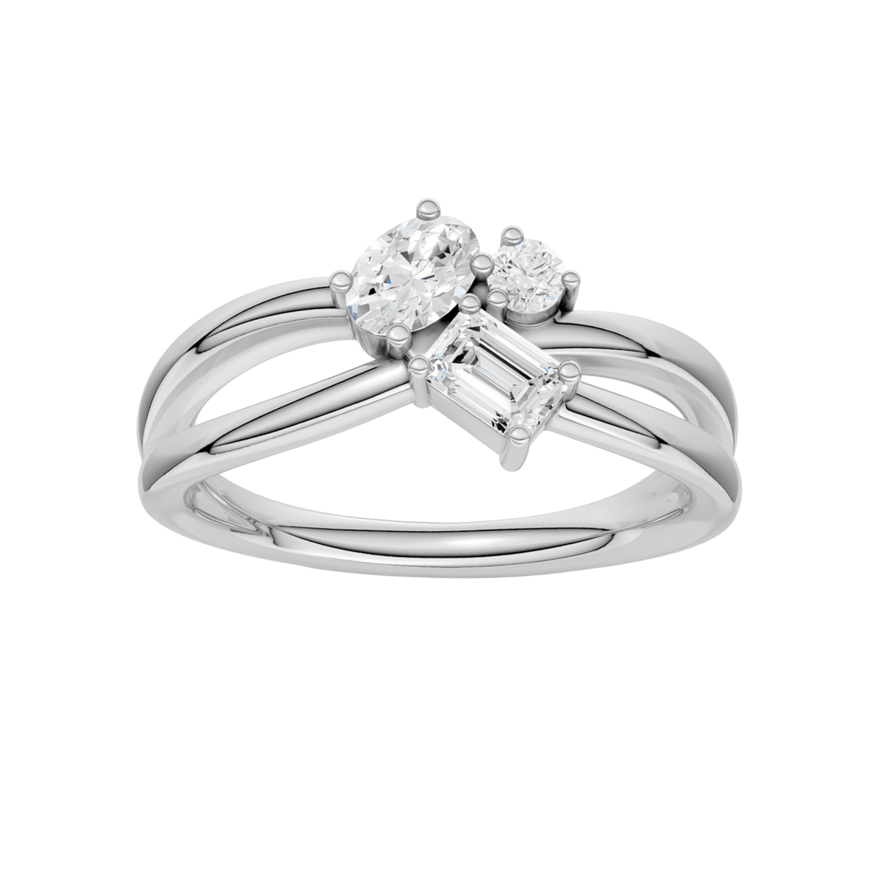 A top-down view of a 14K white gold bypass ring with a central cluster of three horizontal baguette diamonds.