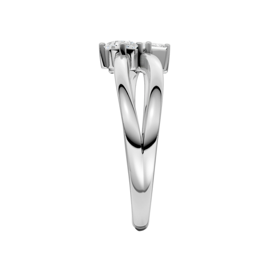 A side-profile view of a 14K white gold bypass ring, showing the fluid band and the three baguette diamonds.