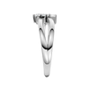 A side-profile view of a 14K white gold bypass ring, showing the fluid band and the three baguette diamonds.