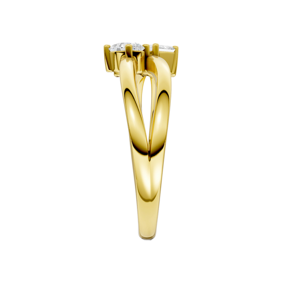 A side-profile view of a 14K yellow gold bypass ring, showing the fluid band and the three baguette diamonds.