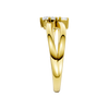 A side-profile view of a 14K yellow gold bypass ring, showing the fluid band and the three baguette diamonds.
