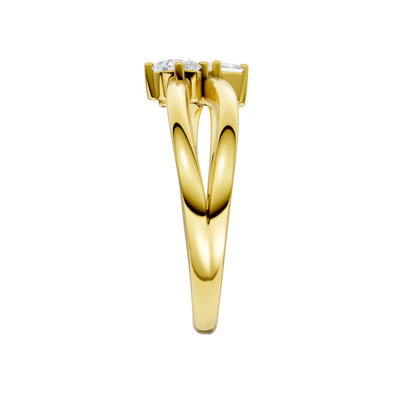 A side-profile view of a 14K yellow gold bypass ring, showing the fluid band and the three baguette diamonds.