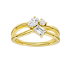 A top-down view of a 14K yellow gold bypass ring with a central cluster of three horizontal baguette diamonds.
