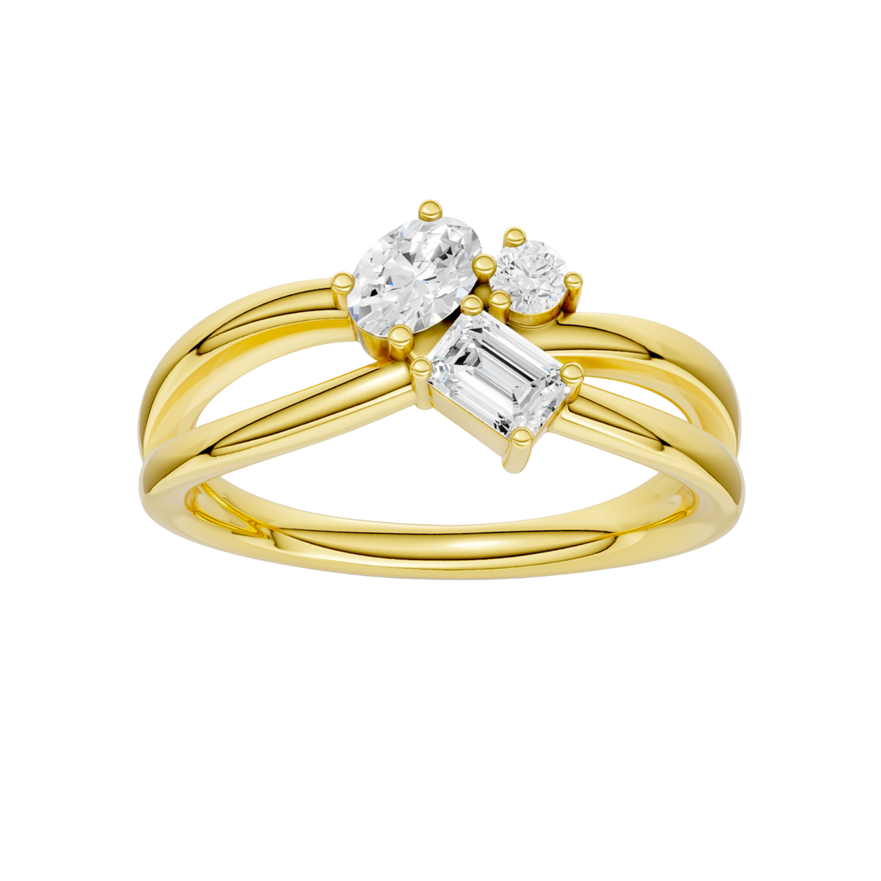A top-down view of a 14K yellow gold bypass ring with a central cluster of three horizontal baguette diamonds.