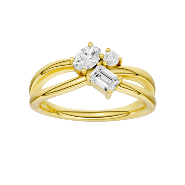 A top-down view of a 14K yellow gold bypass ring with a central cluster of three horizontal baguette diamonds.