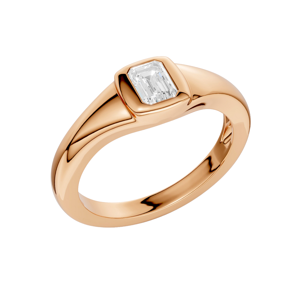 An angled view of Amorati Diamonds Horizon Diamond Ring, 10K rose gold ring with a single, emerald lab-grown diamond in a sleek, curving band.