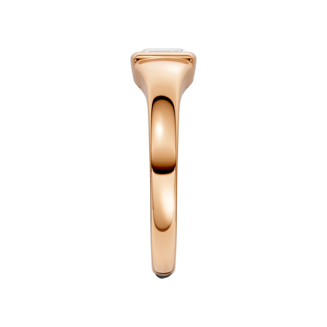 A side-profile view of Amorati Diamonds Horizon Diamond Ring, a 10K rose gold ring with a single, emerald lab-grown diamond in a sleek, curving band.