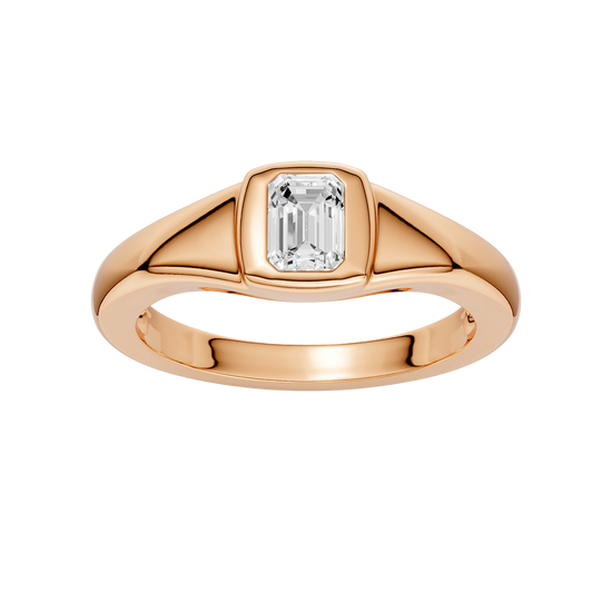 Amorati Diamonds Horizon Diamond Ring: A top-down view of a sleek, curving 10K rose gold band with a lab-grown emerald solitaire.