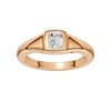 Amorati Diamonds Horizon Diamond Ring: A top-down view of a sleek, curving 10K rose gold band with a lab-grown emerald solitaire.