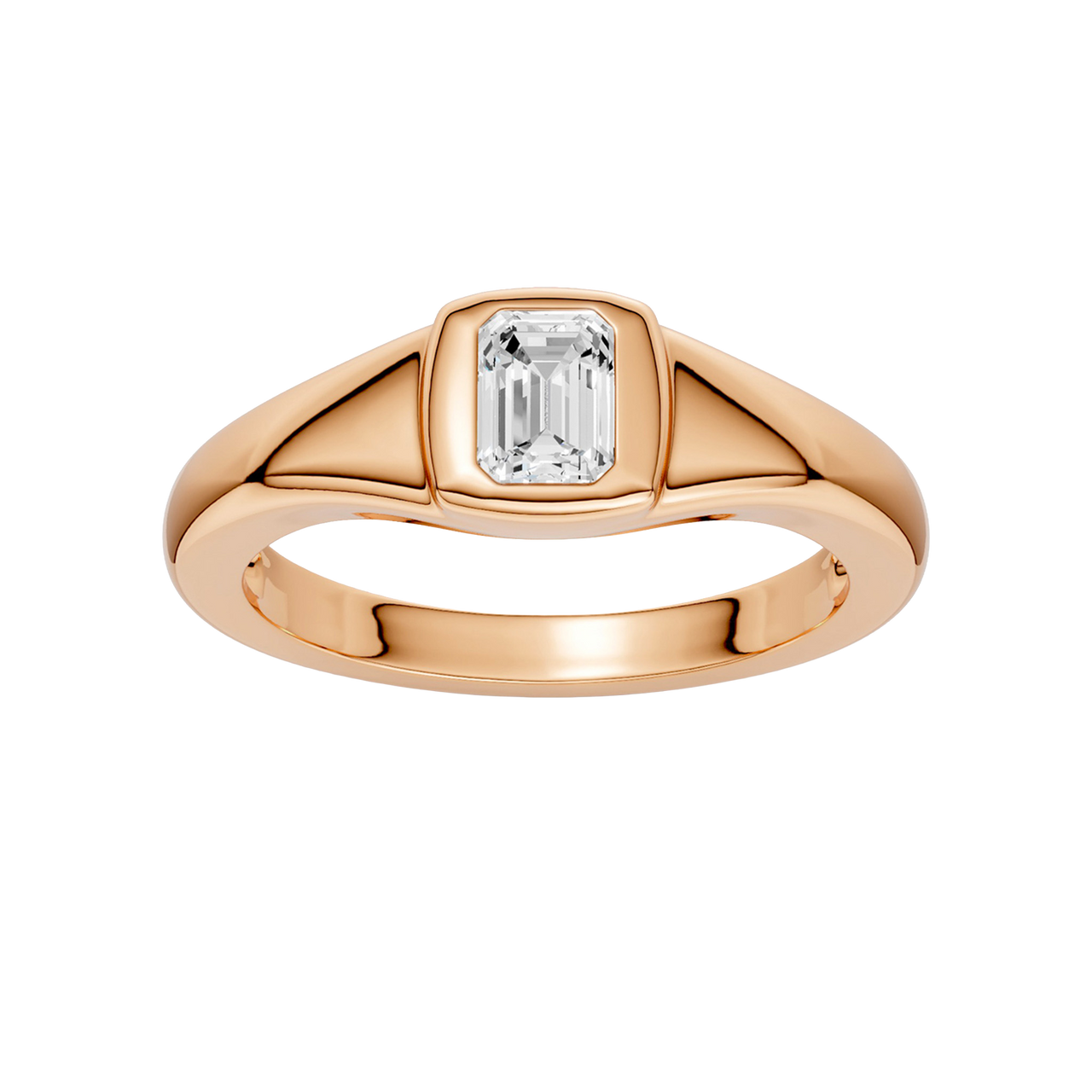 Amorati Diamonds Horizon Diamond Ring: A top-down view of a sleek, curving 10K rose gold band with a lab-grown emerald solitaire.