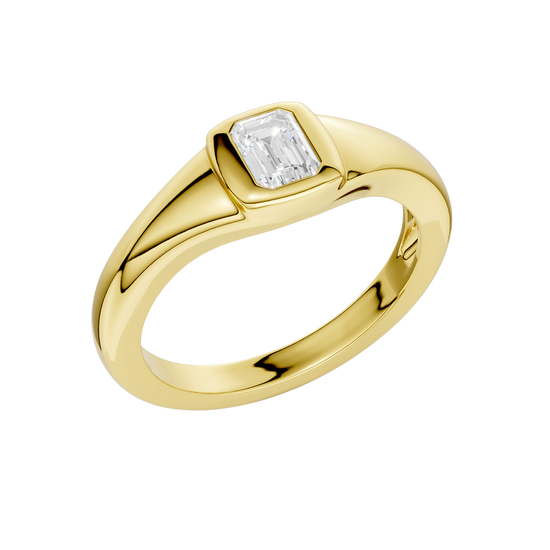 An angled view of Amorati Diamonds Horizon Diamond Ring, 10K yellow gold ring with a single, emerald lab-grown diamond in a sleek, curving band.