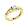 An angled view of Amorati Diamonds Horizon Diamond Ring, 10K yellow gold ring with a single, emerald lab-grown diamond in a sleek, curving band.
