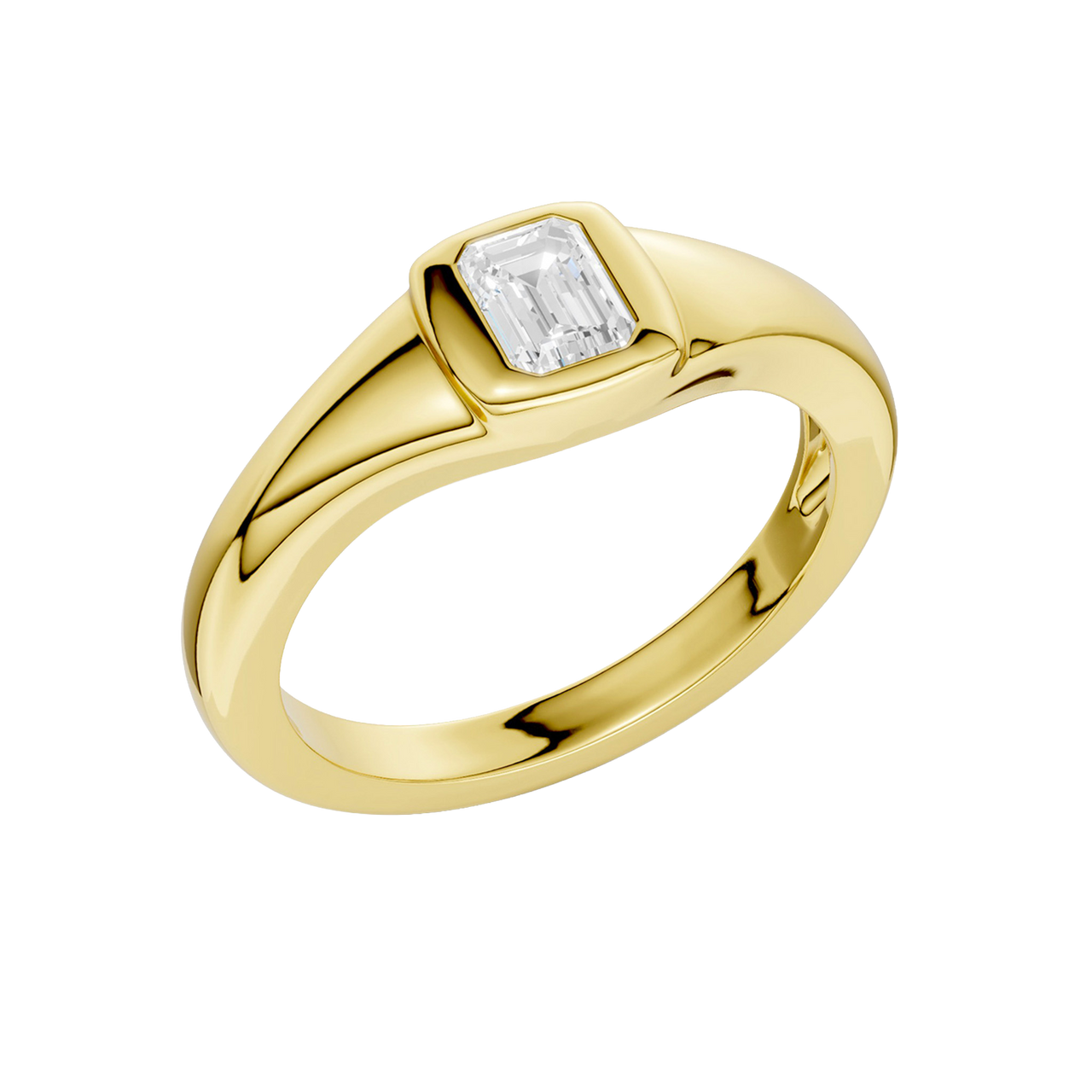 An angled view of Amorati Diamonds Horizon Diamond Ring, 10K yellow gold ring with a single, emerald lab-grown diamond in a sleek, curving band.