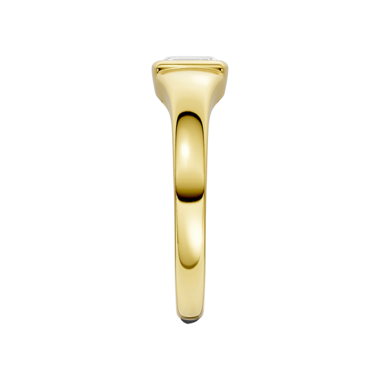 A side-profile view of Amorati Diamonds Horizon Diamond Ring, 10K yellow gold ring with a single, emerald lab-grown diamond in a sleek, curving band.