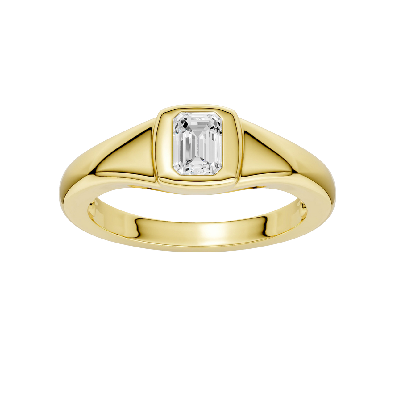 Amorati Diamonds Horizon Diamond Ring: A top-down view of a sleek, curving 10K yellow gold band with a lab-grown emerald solitaire.