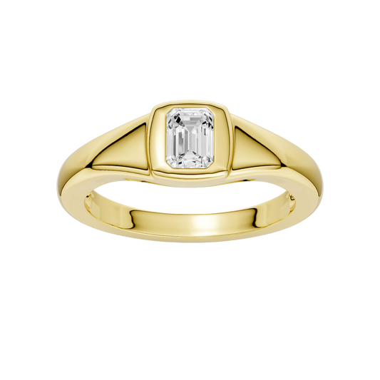 Amorati Diamonds Horizon Diamond Ring: A top-down view of a sleek, curving 10K yellow gold band with a lab-grown emerald solitaire.