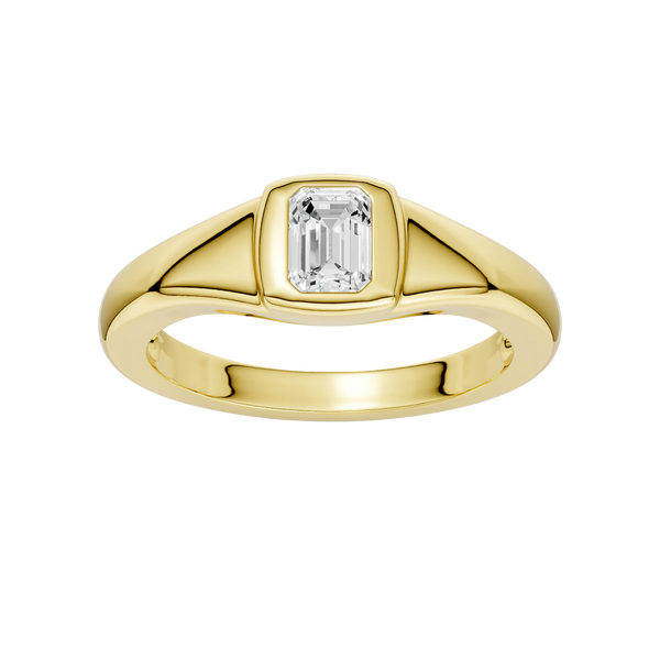 Amorati Diamonds Horizon Diamond Ring: A top-down view of a sleek, curving 10K yellow gold band with a lab-grown emerald solitaire.