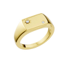 An angled view of a 14K yellow gold signet ring, showcasing the central jewel and the sunburst design.