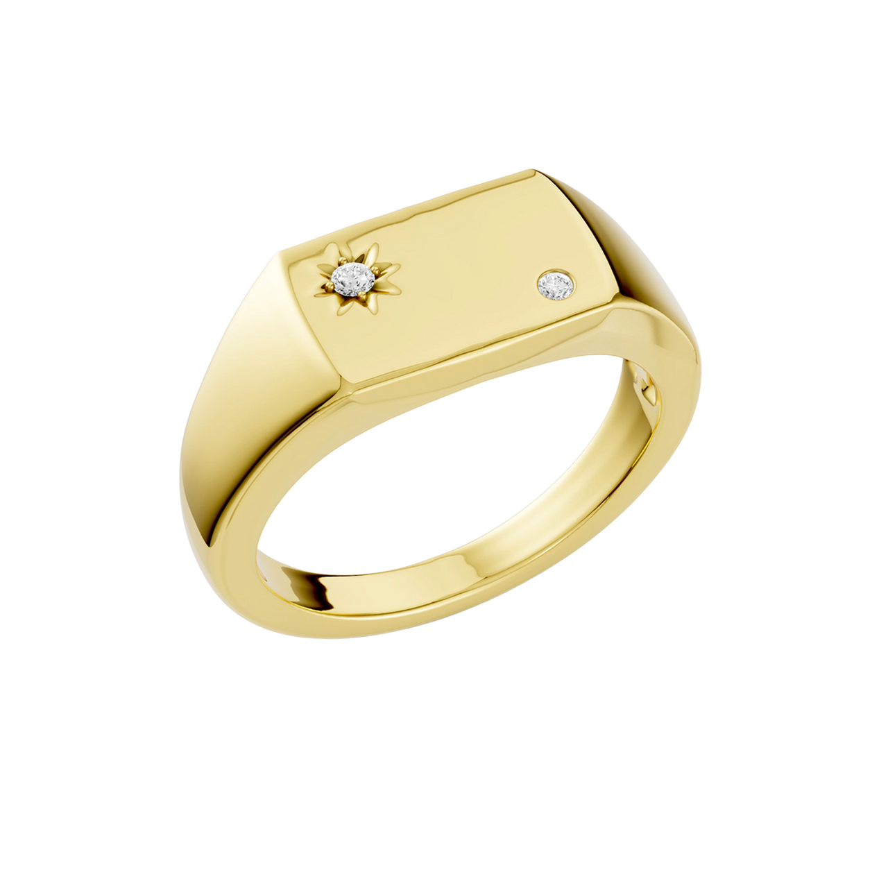 An angled view of a 14K yellow gold signet ring, showcasing the central jewel and the sunburst design.