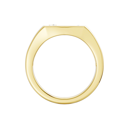 Front view of a 14K yellow gold signet ring with a central round jewel and radiating sunburst detailing.