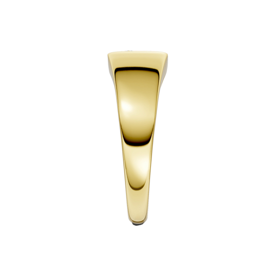A side-profile view of a 14K yellow gold signet ring, showing the polished band and the elevated signet face.