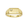 A top-down view of a 14K yellow gold signet ring with a sunburst motif and a brilliant round jewel.