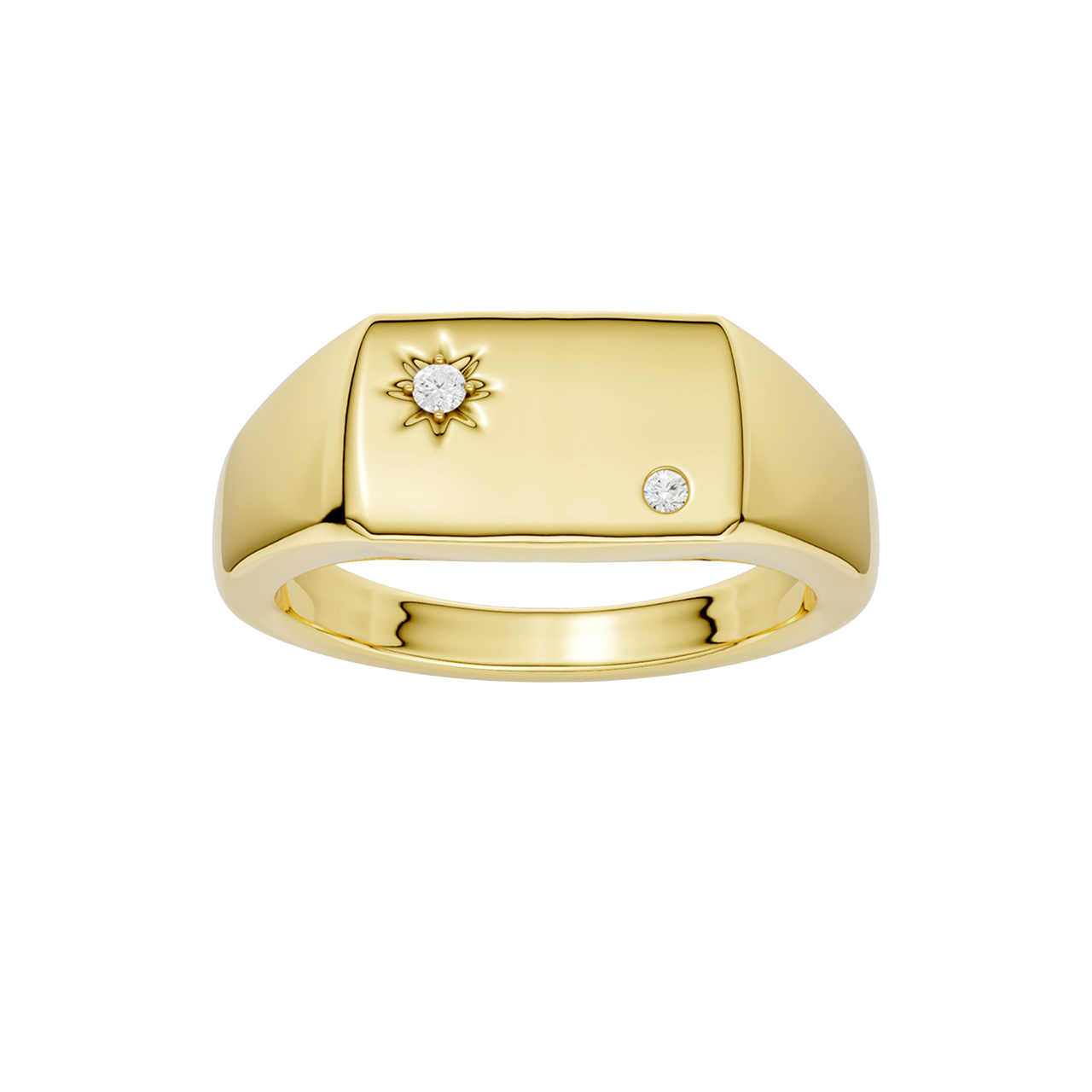 A top-down view of a 14K yellow gold signet ring with a sunburst motif and a brilliant round jewel.