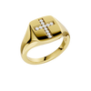 An angled view of a 14K yellow gold signet ring, showcasing the pavé jewel cross design.
