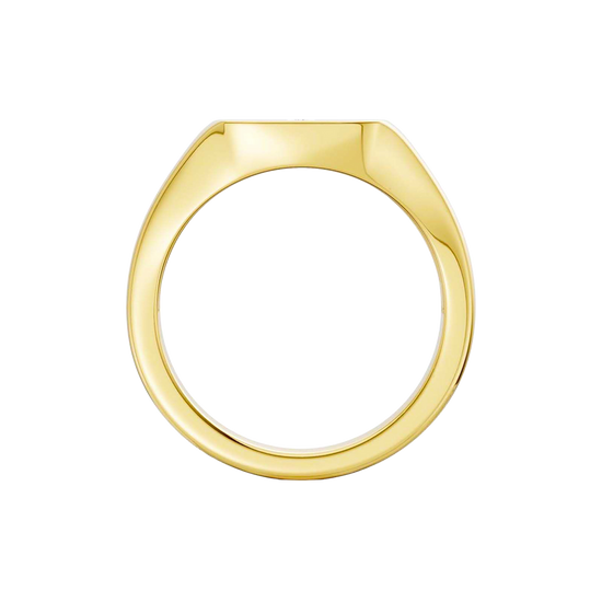 Front view of a 14K yellow gold signet ring with a cross motif at the center, accented by round pavé jewels.