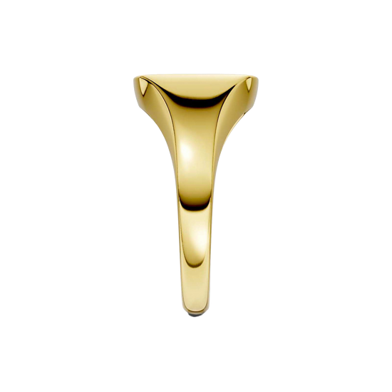 A side-profile view of a 14K yellow gold signet ring, showing the polished band and the