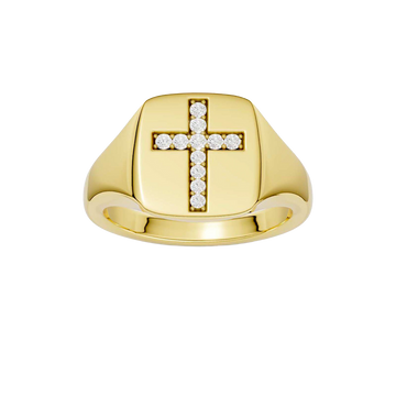 A top-down view of a 14K yellow gold signet ring with a central cross motif paved with round jewels.