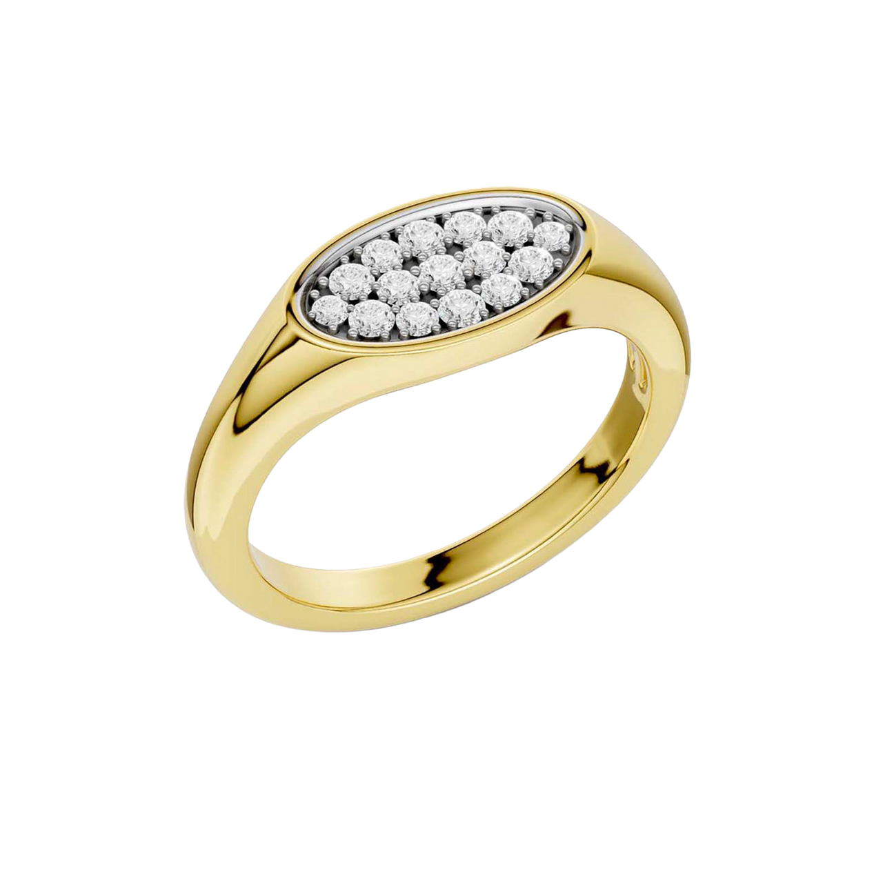 An angled view of a 14K yellow gold signet ring, showcasing the continuous sparkle of the oval, pavé-set diamonds.