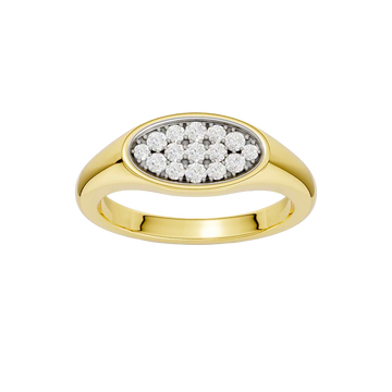 A top-down view of a 14K yellow gold oval signet ring with a continuous line of pavé diamonds.