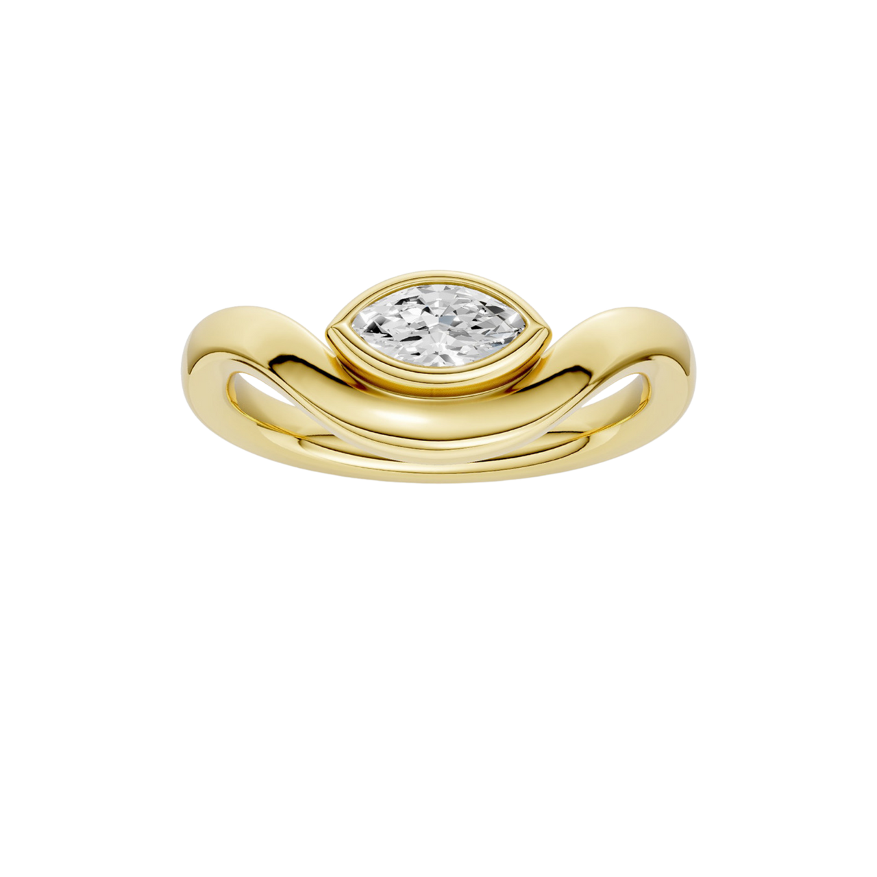 Marquise diamond wave ring in yellow gold, band detail view