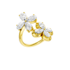 Angled view of a yellow gold floral diamond ring highlighting the dimensional flower motif, marquise-cut white diamond sparkle, and high-polish gold finish.