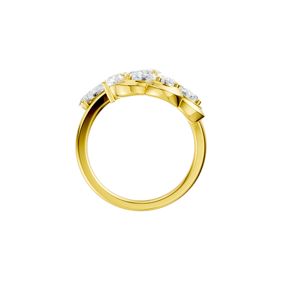Front view of a yellow gold floral diamond ring featuring marquise-cut white diamonds arranged in a blooming flower design with polished gold petals and sculptural detailing.