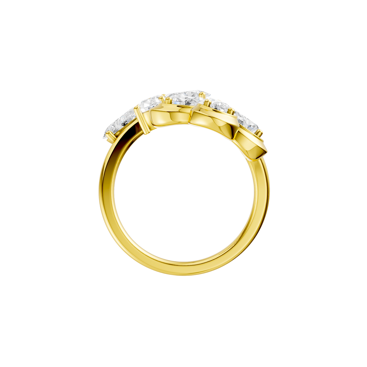 Front view of a yellow gold floral diamond ring featuring marquise-cut white diamonds arranged in a blooming flower design with polished gold petals and sculptural detailing.