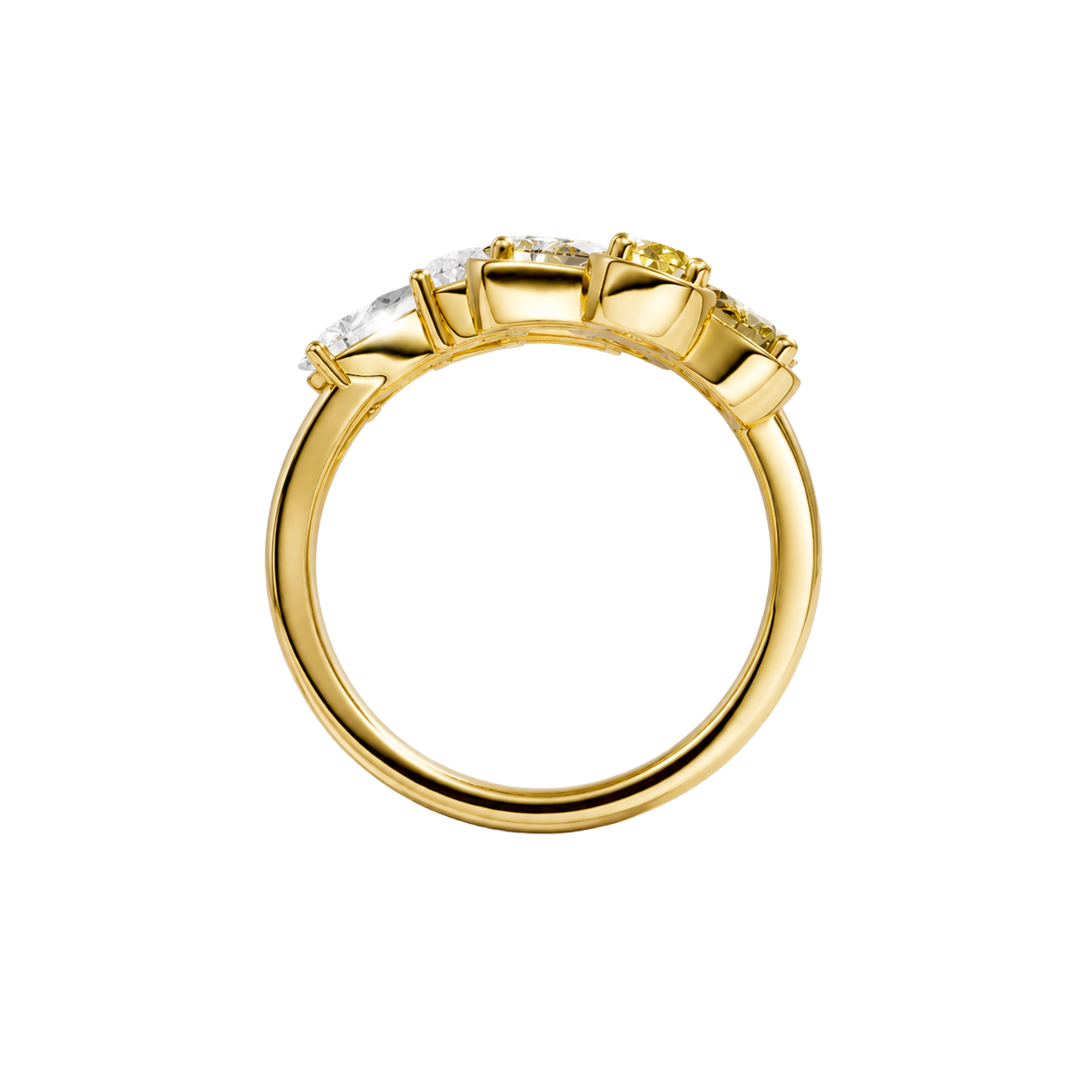 Front view of a yellow gold floral diamond ring featuring marquise-cut diamonds arranged in a blooming flower design with polished gold petals and sculptural detailing.
