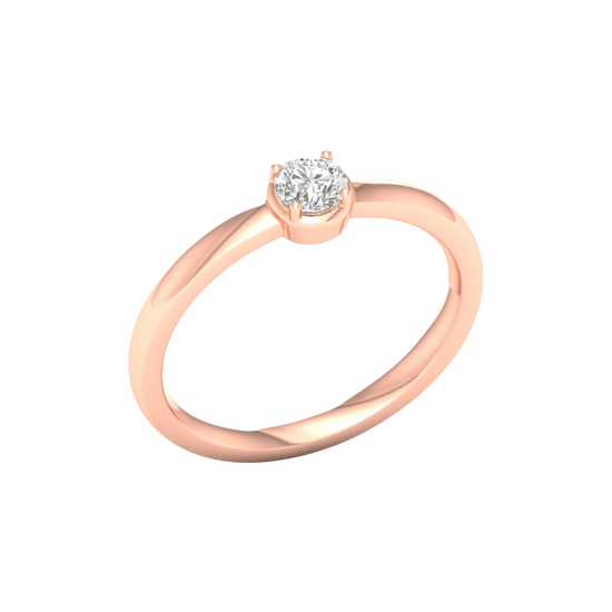 An angled view of a 14K rose gold ring, showcasing the brilliant center diamond and its pavé halo.